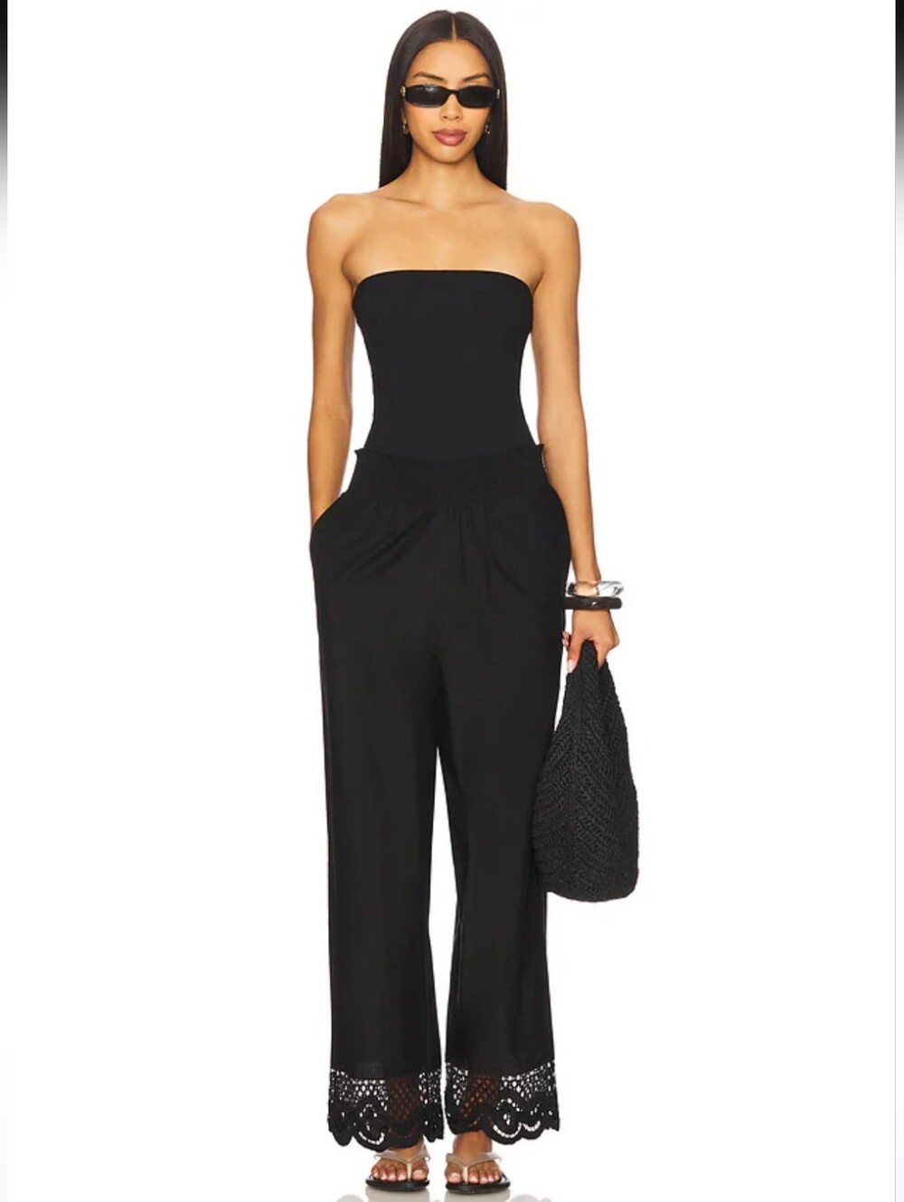 John Mark 100% Linen Black Drawstring Crochet Hem Pants